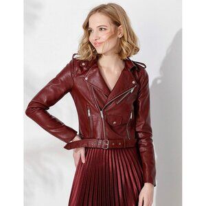 Faux Leather Textured Short Moto Jacket Zip-up Slim PU  - Wine